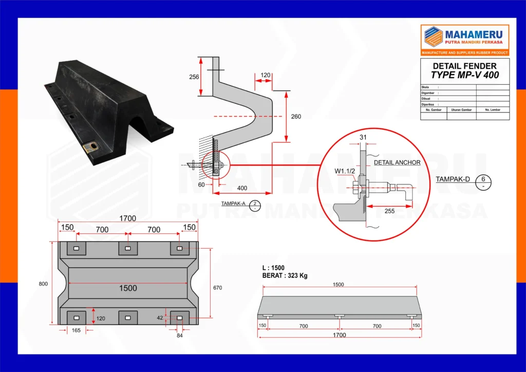 spesifikasi rubber fender type v 400 h - 1500 L